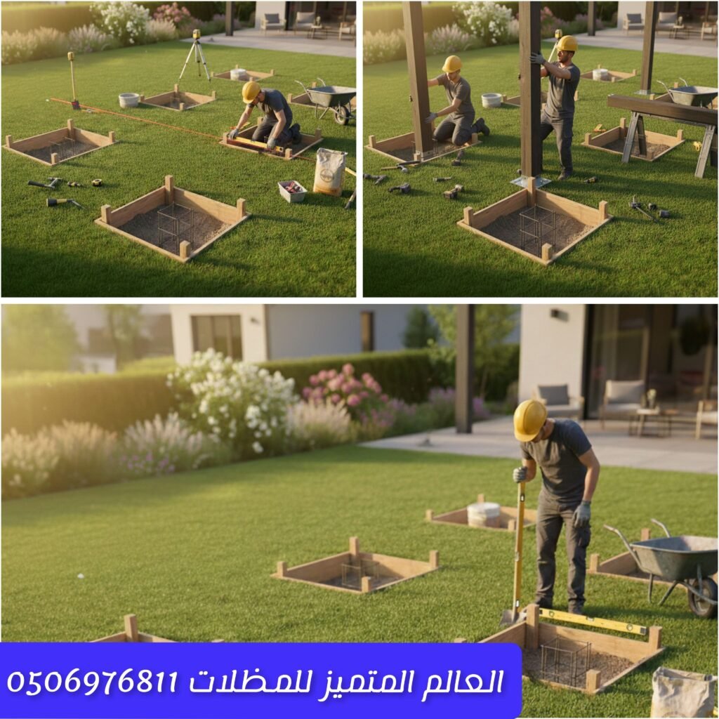 تجهيز القواعد لبرجولات خشبية ومظلات حدائق فريق العمل أثناء إعداد الأساسيات لتركيب السواتر والمظلات أساس متين لضمان تركيب آمن ومستقر للمظلات والسواتر